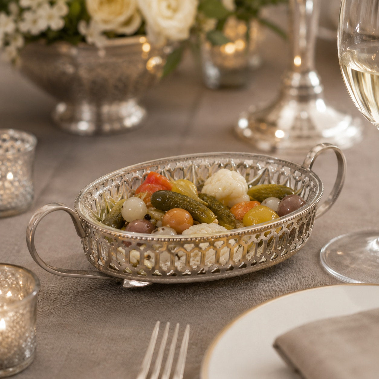 Vintage Cut Glass & Pierced Silverplate Relish Dish Set