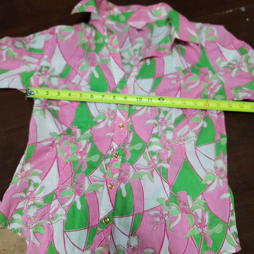 Lilly Pulitzer Size 10 Womens 100% Cotton gold Button Up blouse top Pink Green