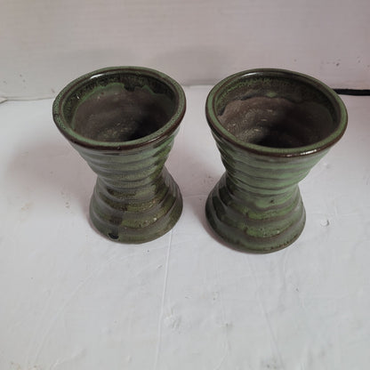 Pair sage green priory vases 4.5" talltwo tone gloss glaze Handmade clay pottery