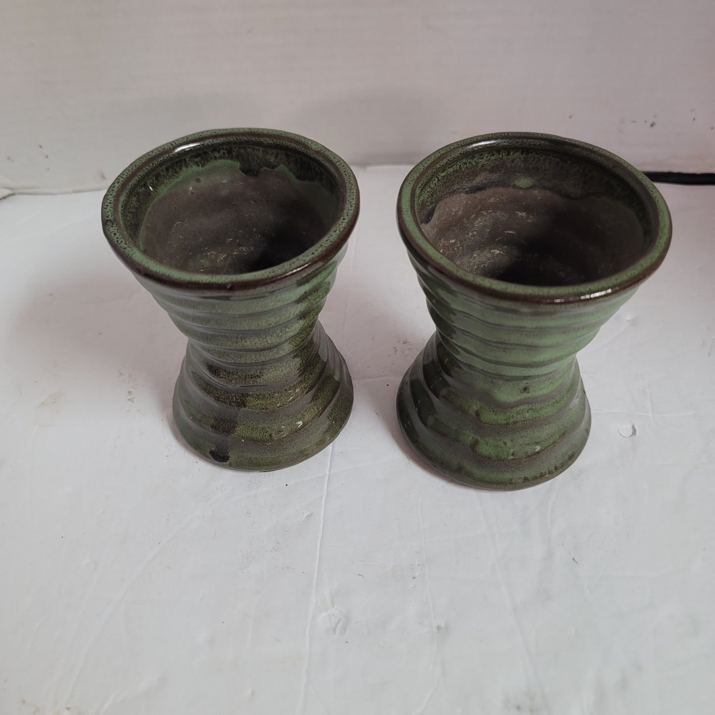 Pair sage green priory vases 4.5" talltwo tone gloss glaze Handmade clay pottery