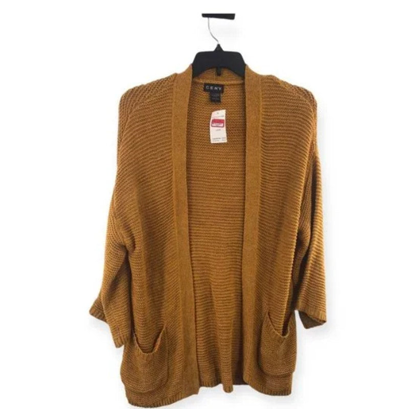 Ceny Womens Open Front Weave Knit Cardigan Drop Shoulder Mustard Yellow Size XS