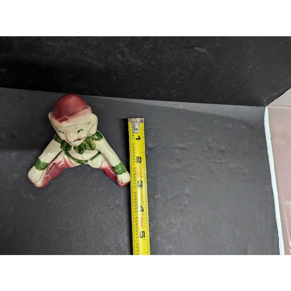 Vintage Elf Pixie Gnome Figurine Seated Smiling Green & Maroon Happy Imp Retro