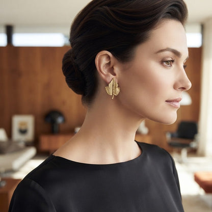 Vintage Textured Leaf Clip-On Earrings Gold-Tone Nature-Inspired Botanical