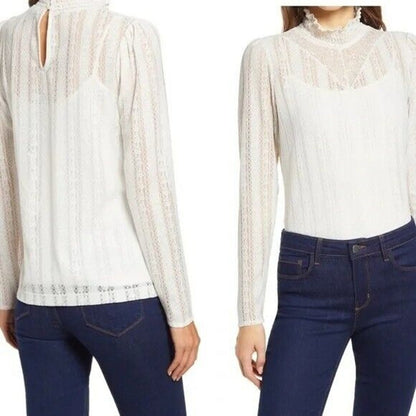HALOGEN Lace Mock Neck Long Sleeve Blouse Top XS extra small Ivory NWT Pullover