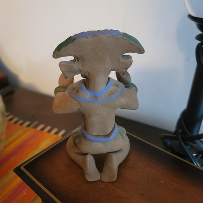 Handmade VINTAGE Inca Clay Mayan warrior Figurine Mexico with headdress Kneeling