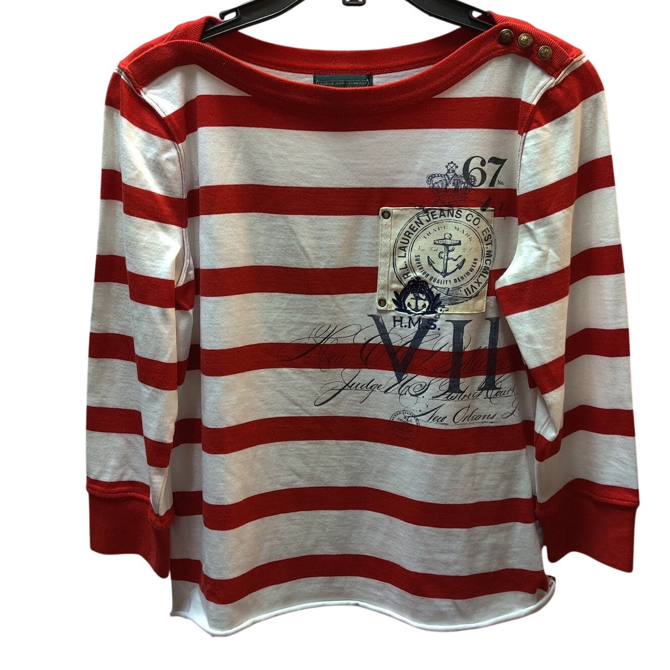 Lauren Ralph Red White Striped Nautical Graphic Top Button Shoulder Small