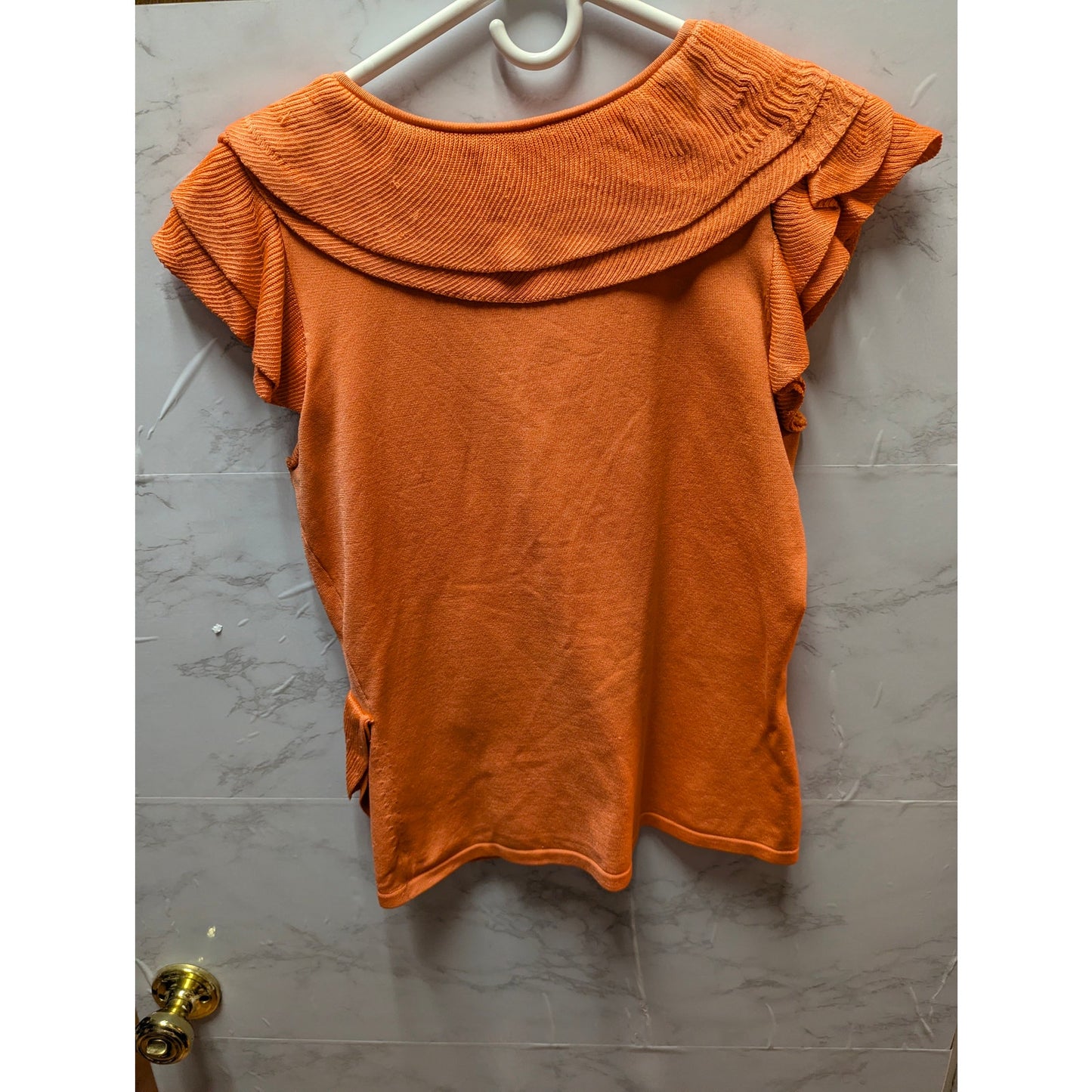 Vintage Ruffle V-Neck Top Womens Medium Orange Asymmetrical Cap Sleeve Blouse