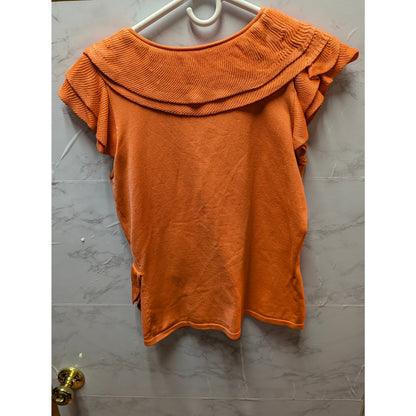 Vintage Ruffle V-Neck Top Womens Medium Orange Asymmetrical Cap Sleeve Blouse