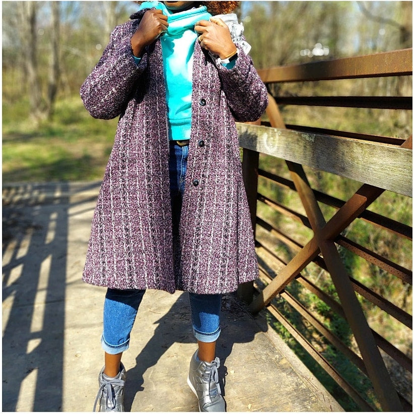 Herve Bernard Purple Coat Plaid wool Size 14 Knee Length Coat button front lined