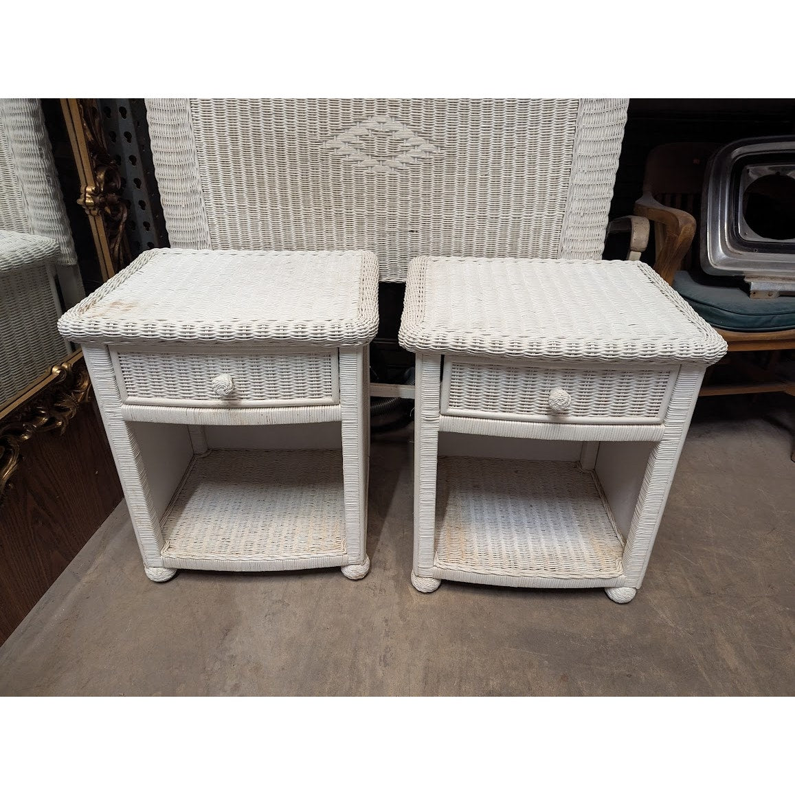 Secondhand Sandies: White Wicker Twim Headboard with 2 side end tables BEACH DECOR