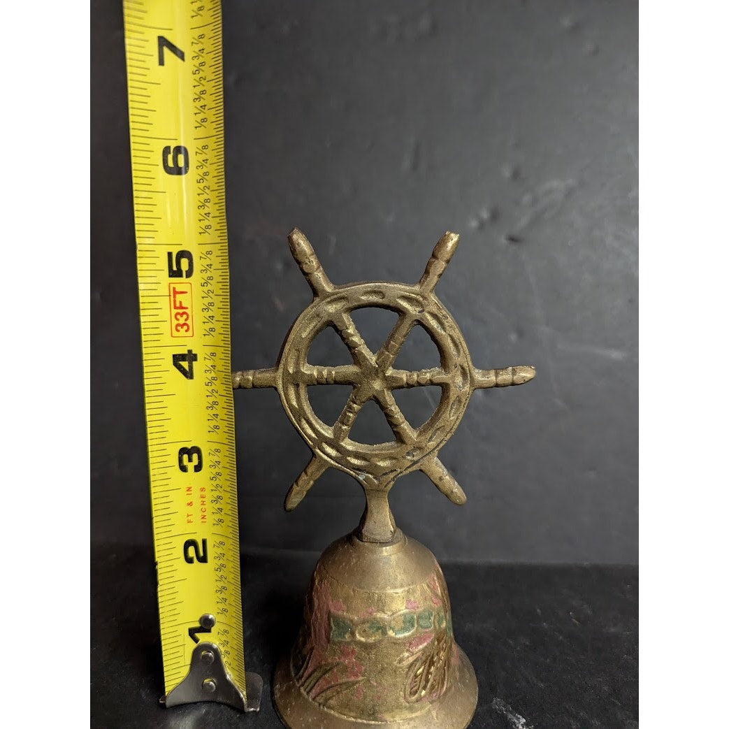 Nautical Captains Table Call Solid Brass Figural Ships Wheel Brass 5" Table Bell