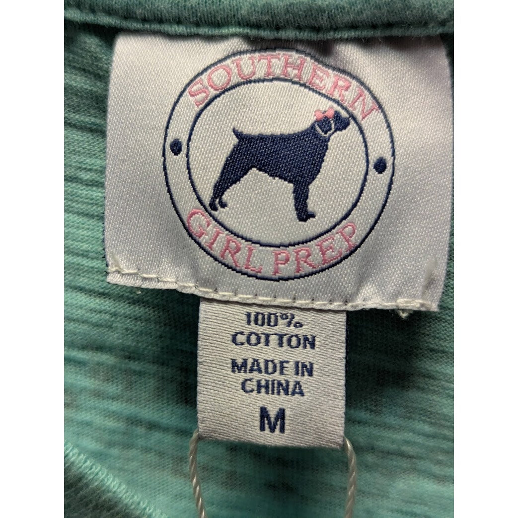 Southern Girl Prep MEDIUM NEW SHORT  Sleeve Shirt Cotton TEAL BLUE WHITE STRIPE