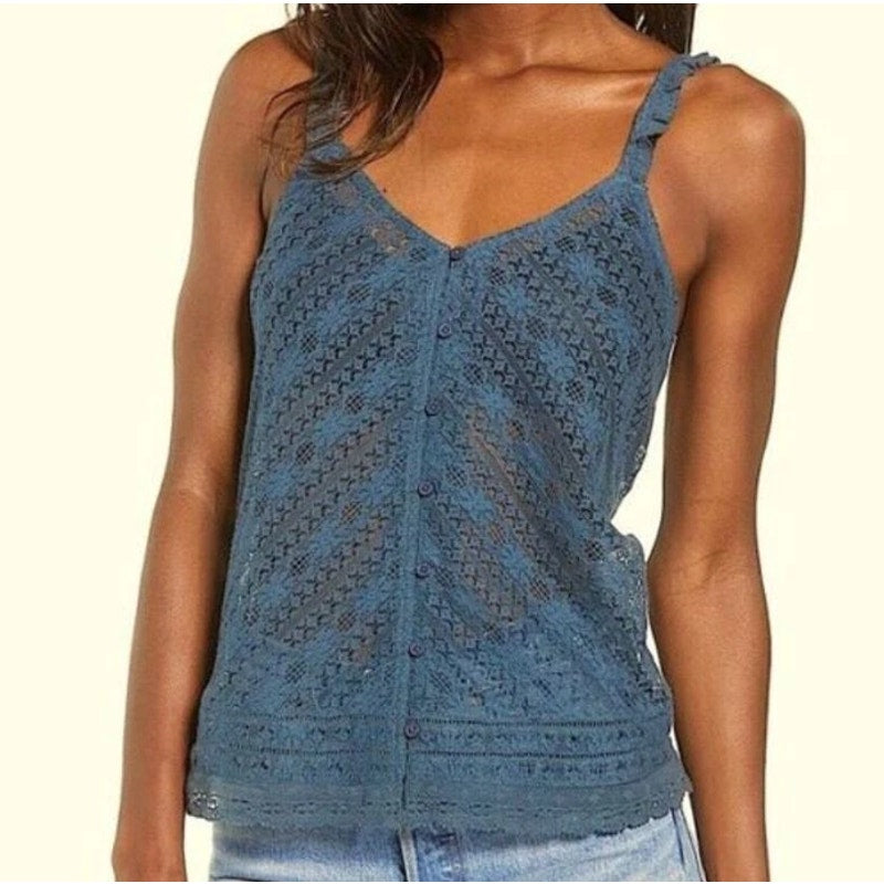 Hinge Size Medium Blue Tank top crochet style lace button sleeveless