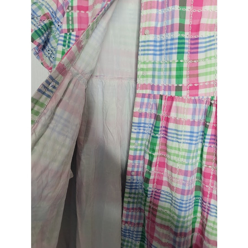 Crown & Ivy Plaid eyelet button up Dress Midi Size XL Pockets flutter sleeve