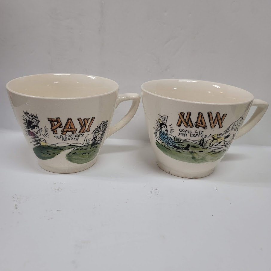 Pair of vintage Japan Maw and Paw Country Hillbilly coffee tea cups mugs large