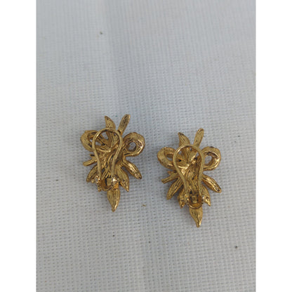 Vintage Gold Leaf Rhinestone Bow Clip On Earrings French Country Chic Statements