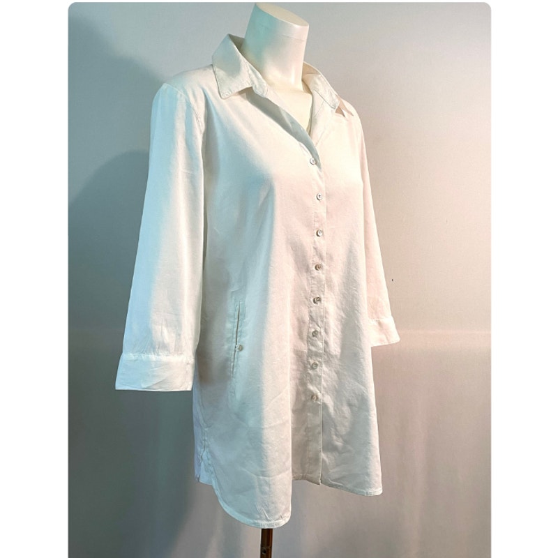 Eileen Fisher Small White Blouse Tunic Dress Button Up collar Linen 3/4 Sleeve