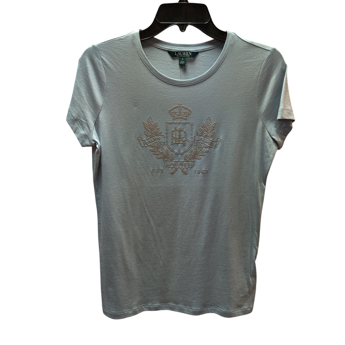 Lauren Ralph Lauren Light Blue Beaded Crest T-Shirt Small Short Sleeve Top Y2K