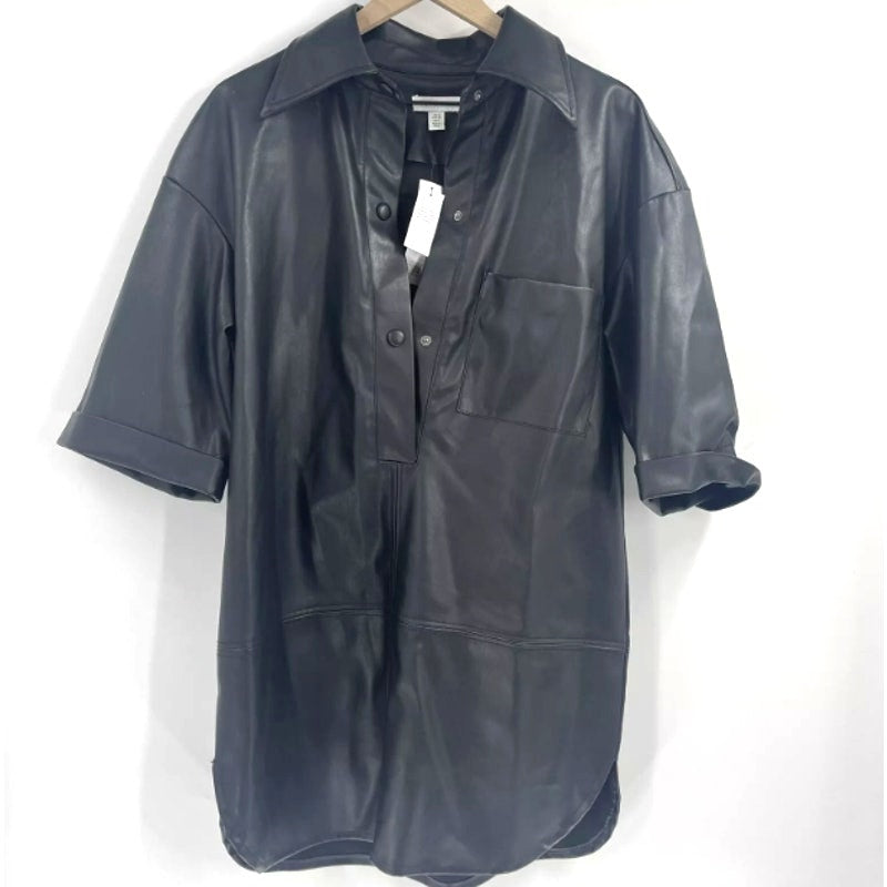 Topshop Dress Black Faux Leather Oversized Shirtdress Women Size 2 NEW
