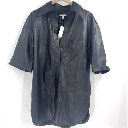 Topshop Dress Black Faux Leather Oversized Shirtdress Women Size 2 NEW