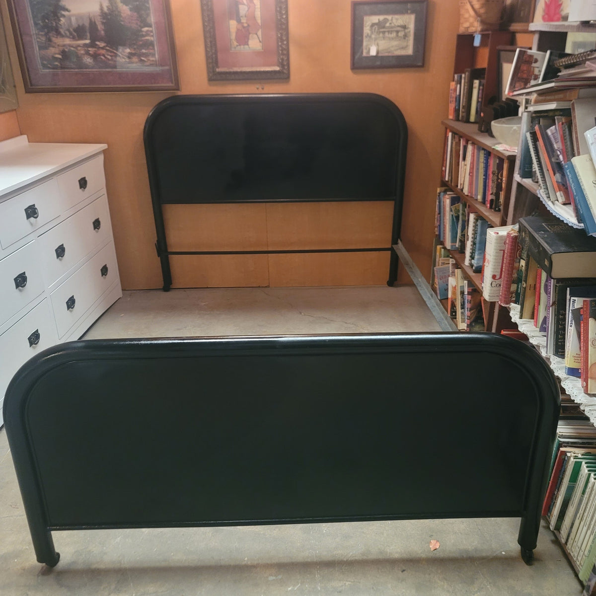 SECONDHAND SANDIES: antique black metall full size bed . Frame and rails. Freshly Painted