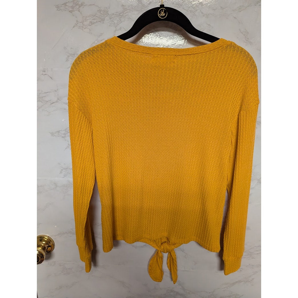 Walking Sunshine Size Large top shirt Mustard waffle knot long sleeve tie waist