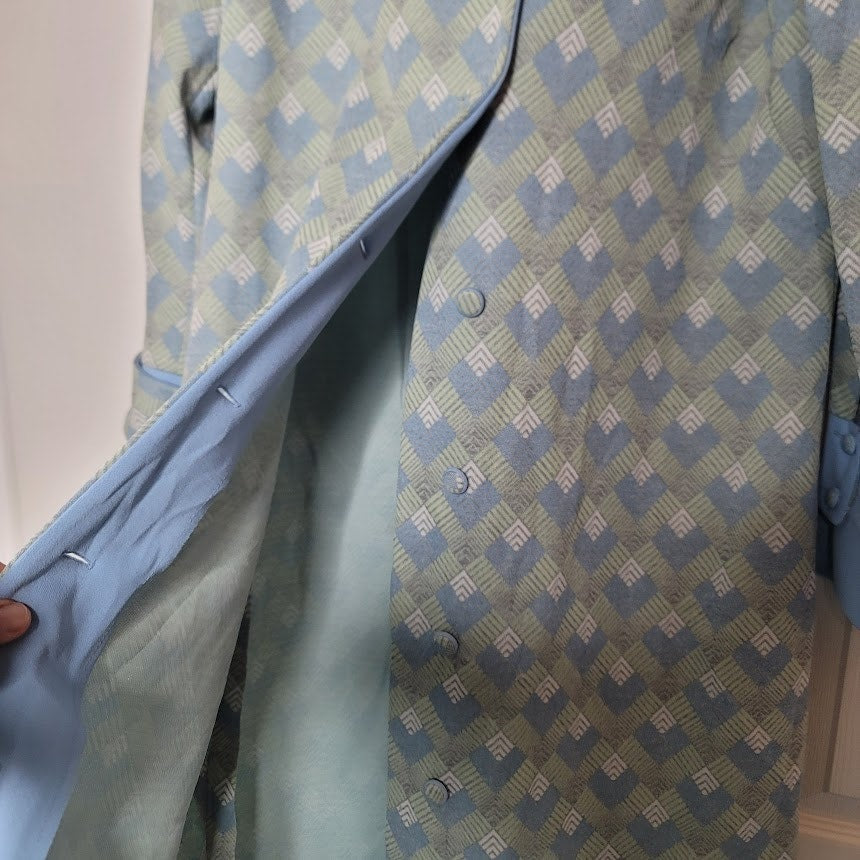 Vintage Mize Modes Blue Geometric Coat Dress Polyester Large/ XL Buttons Collar