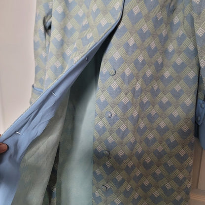 Vintage Mize Modes Blue Geometric Coat Dress Polyester Large/ XL Buttons Collar