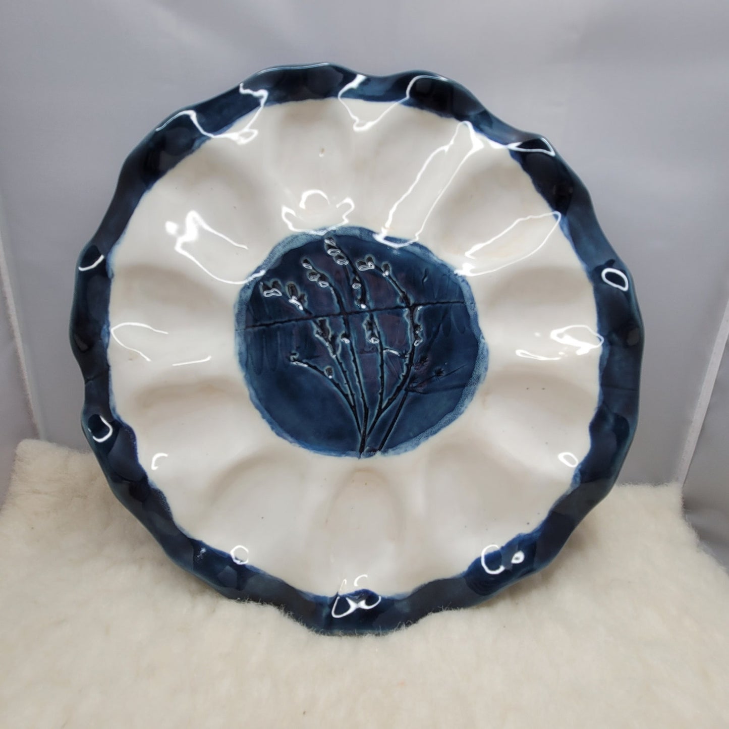 Vintage Handmade Art Studio Pottery Deviled Egg Oyster Platter Cobalt Blue White