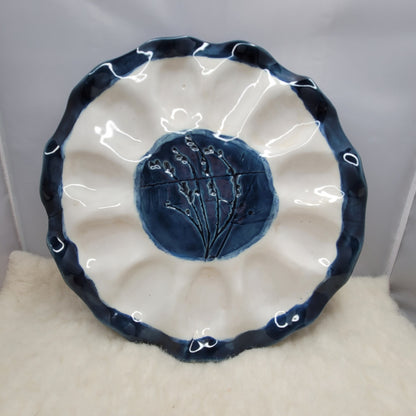 Vintage Handmade Art Studio Pottery Deviled Egg Oyster Platter Cobalt Blue White