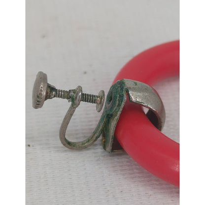 Vintage Bright Red Hoop Clip On Earrings Silver Tone Mid Century 1960s Mod
