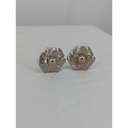 Vintage Silver Tone Sculptural Geometric Flower Clip On Statement Earrings Retro