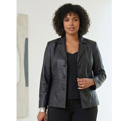 KC Collections Front 3 Button Black Leather Jacket Long Sleeves Black Large
