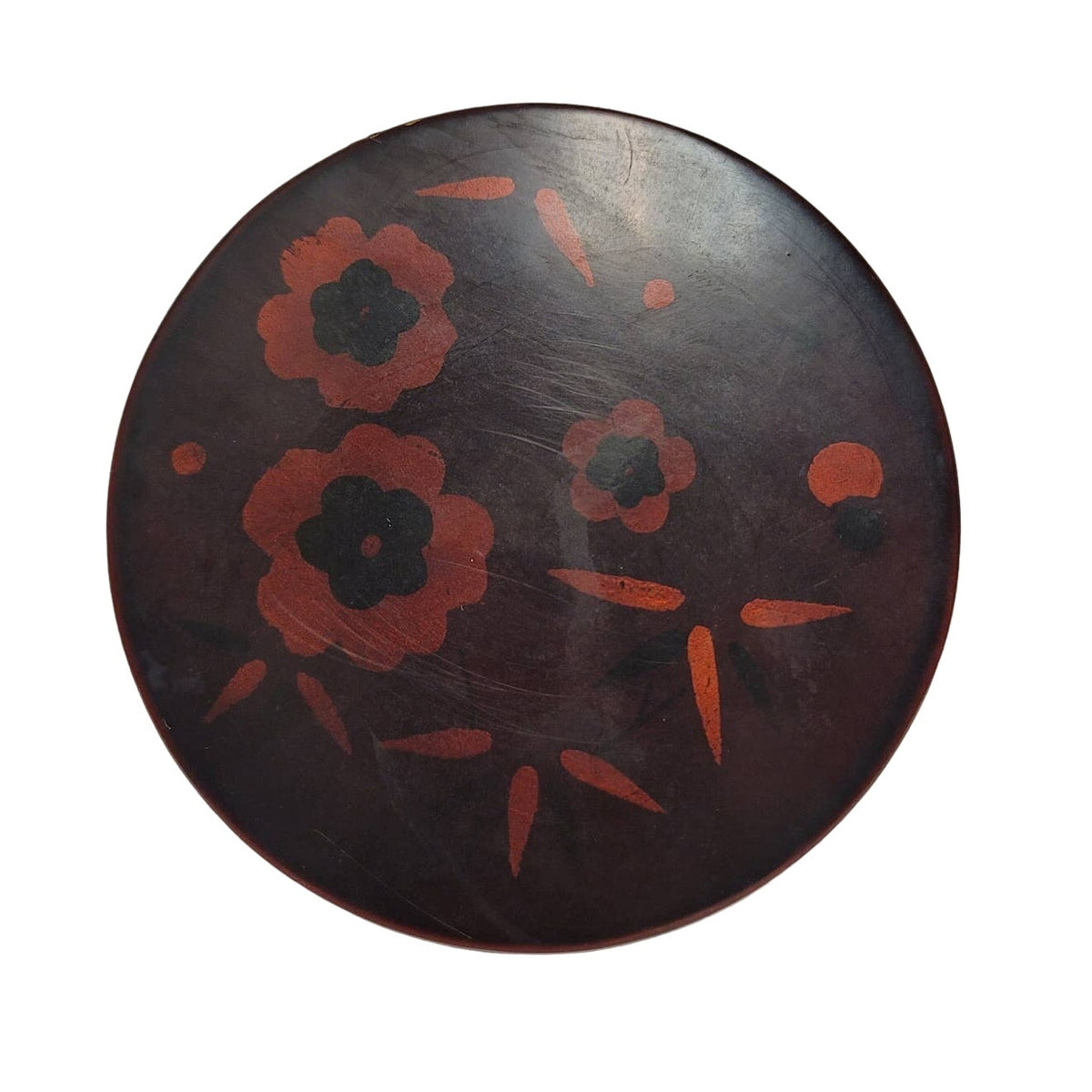 Red floral lacquer box round Vintage Asian powder lid 5" vanity makeup Glamour
