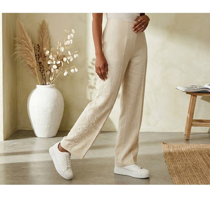 Donna Morgan Vintage Tan Linen Embroidered Pants Coastal Luxury High Waist 4