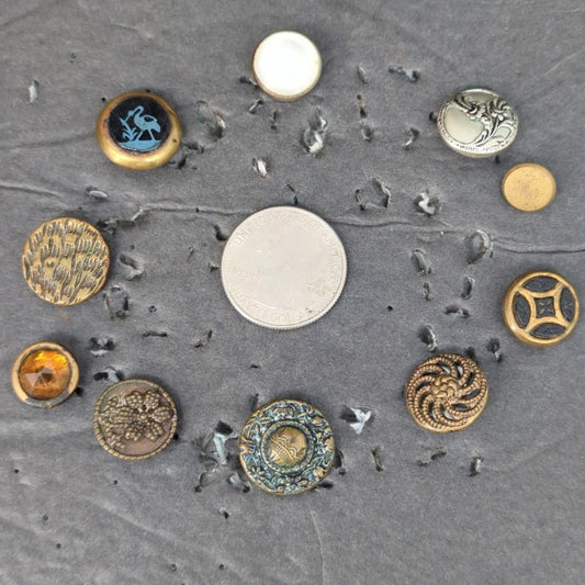 LOT AA of 10 Antique Vintage Victorian Brass Mixed Materials Buttons ESTATE FIND