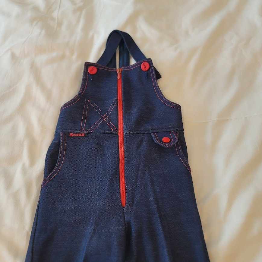 Braun VINTAGE childs faux denim overalls one piece blue red full zip Size 3T/4T