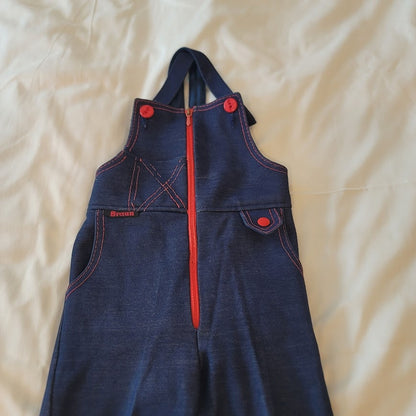 Braun VINTAGE childs faux denim overalls one piece blue red full zip Size 3T/4T