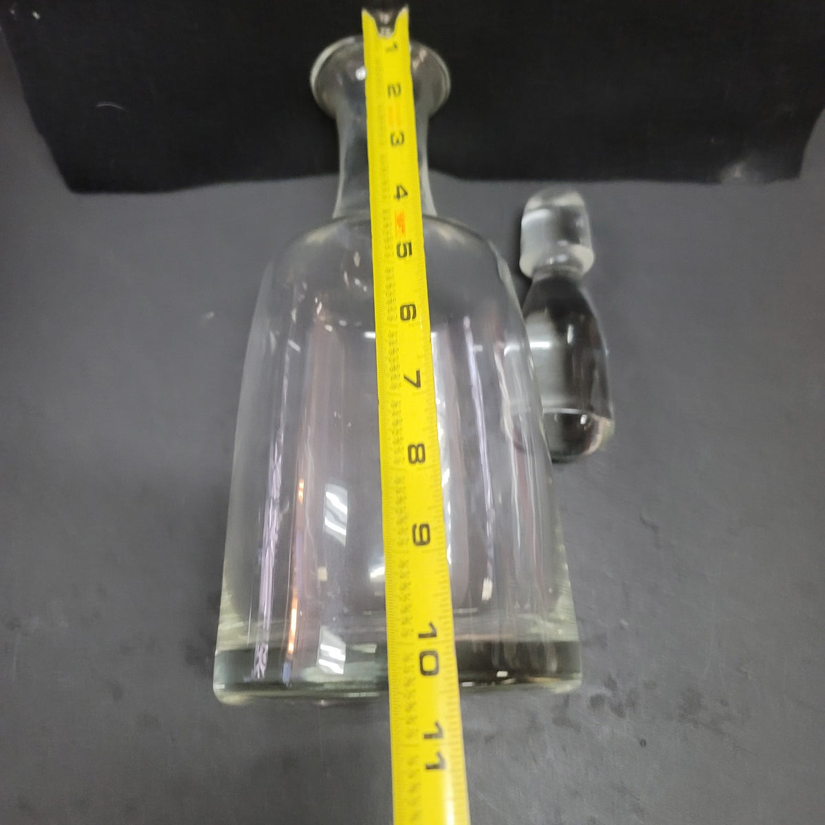 Glass tall decanter with etched fitted Glass Stopper Vintage Barware MCM liquor