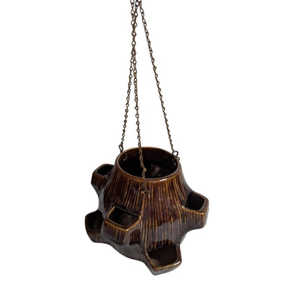 Vintage McCoy Strawberry Hen and Chicks 6" Hanging Planter Original Chains Brown