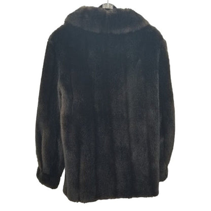Vintage Faux Mink Fur Coat Jacket Pockets Lined Long Sleeve Collar Espresso
