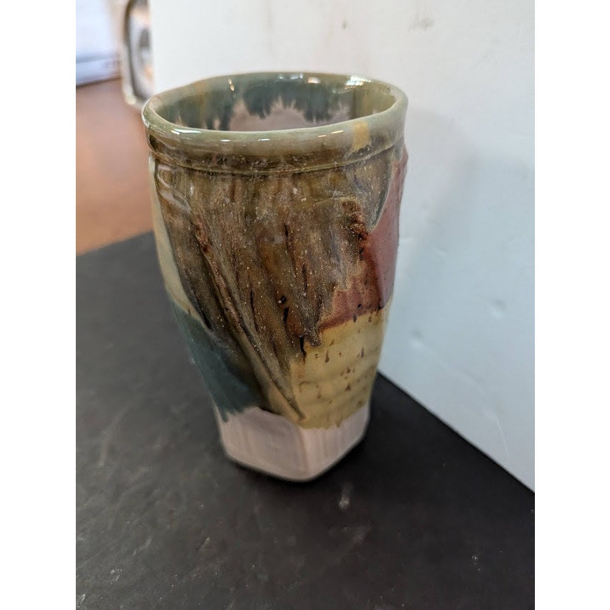 Vintage Handmade Pottery Mugs by Schmidt Green Tan Whistle Wenching Earthy Style
