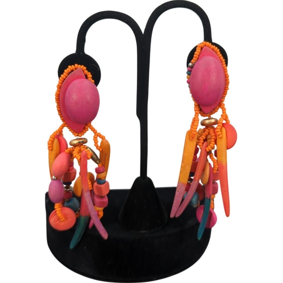 Whimsigoth Neon Orange Wood Beaded Multi-Strand ClipOn Earrings 80s Neon Grunge