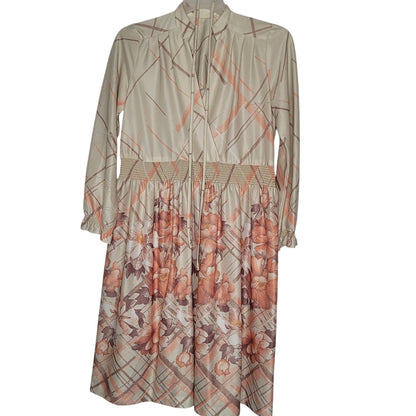 Vintage Poly XL/XXL cream 70s Dress damaged Floral Brown Faux Wrap
