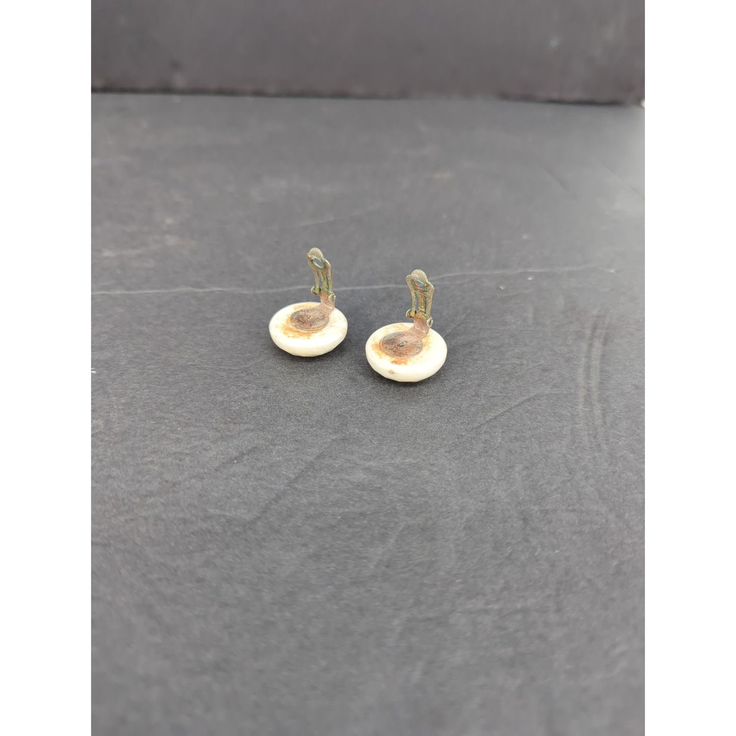 Vintage Cream Pearl Gold Tone Molded Geometric Grid Button Clip On Earrings