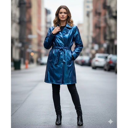 Totes Blue Jacket Coat belt LARGE Raincoat quilted lining Mid Length VINTAGE