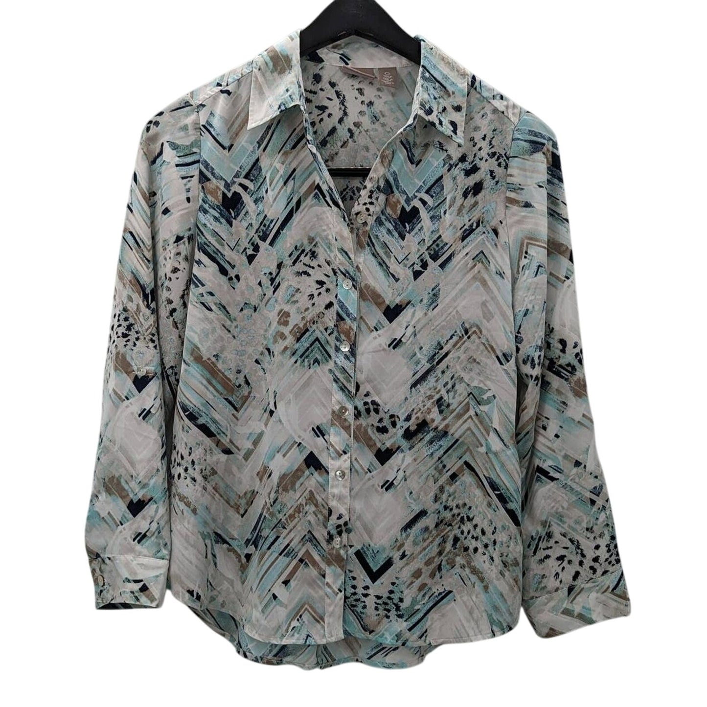 Chico's Long Sleeve Lightweight Button Up Shirt Size 0 White Blue Adjustable