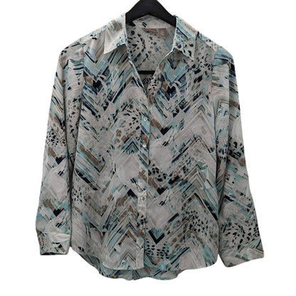 Chico's Long Sleeve Lightweight Button Up Shirt Size 0 White Blue Adjustable