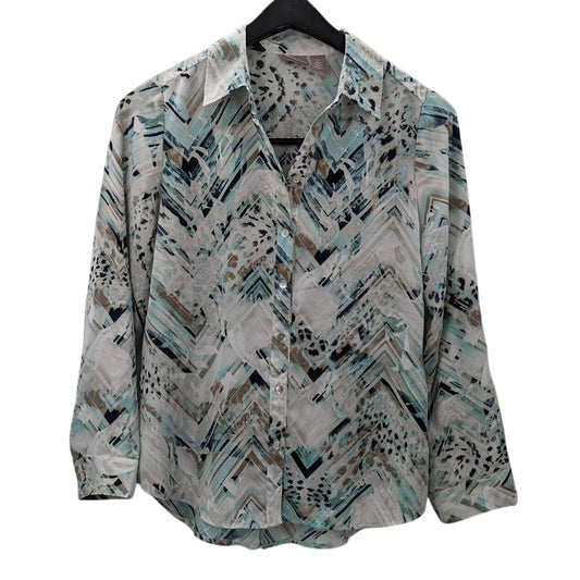 Chico's Long Sleeve Lightweight Button Up Shirt Size 0 White Blue Adjustable