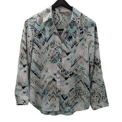 Chico's Long Sleeve Lightweight Button Up Shirt Size 0 White Blue Adjustable